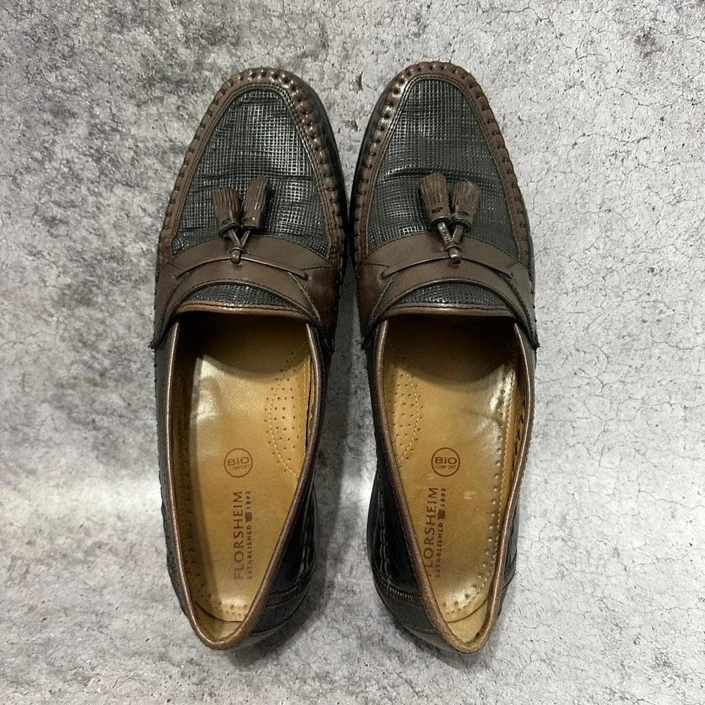 Florsheim Tassel Loafers Mens 10 Black Brown Bio Comfort Woven Leather Slip On